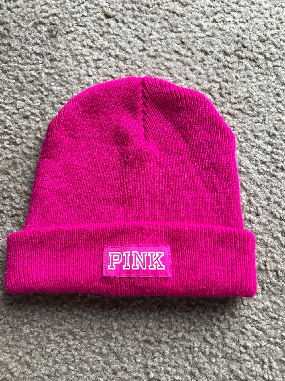 PINK Victoria's Secret Bright Pink  Knit Beanie with Logo Patch
